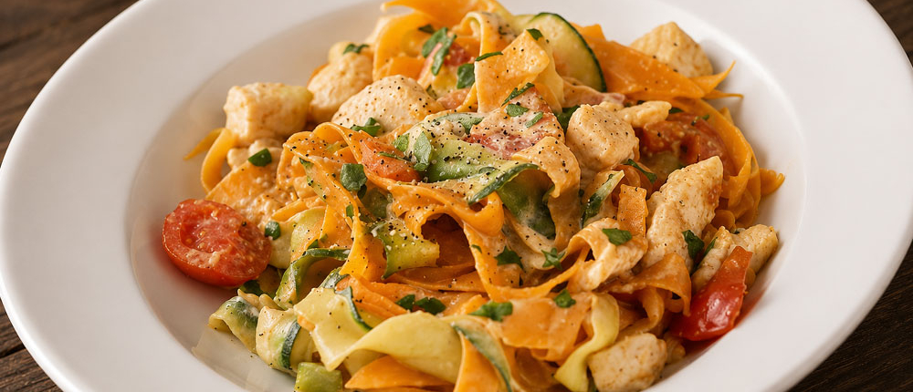 Zucchini-Karotten-Bandnudeln-mit-Hähnchen-und-Tomate