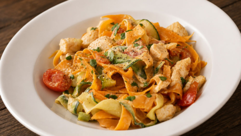 Zucchini-Karotten-Bandnudeln-mit-Hähnchen-und-Tomate