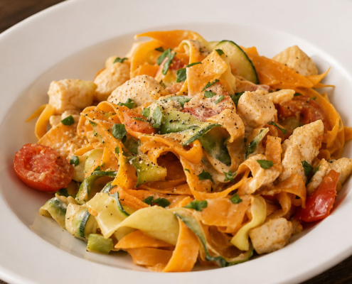 Zucchini-Karotten-Bandnudeln-mit-Hähnchen-und-Tomate