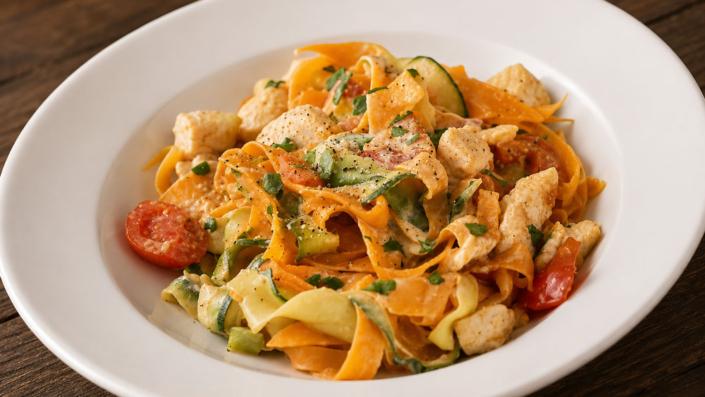 Zucchini-Karotten-Bandnudeln-mit-Hähnchen-und-Tomate