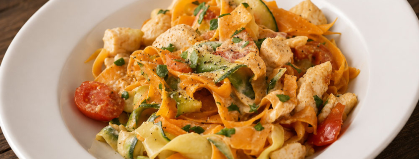 Zucchini-Karotten-Bandnudeln-mit-Hähnchen-und-Tomate