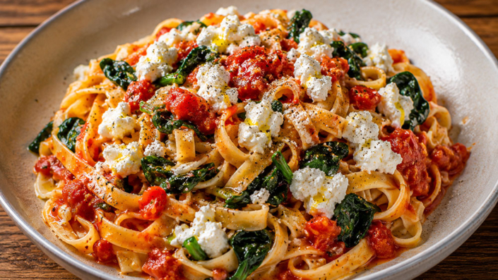 Tagliatelle-mit-Tomatensauce-Spinat-und-Ricotta